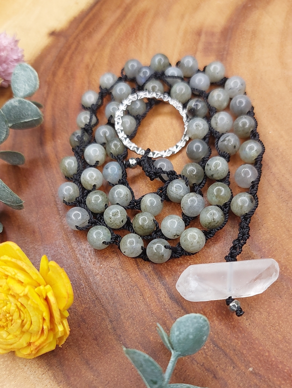 Labradorite and Quartz Crystal Lariat Necklace Handcrafted